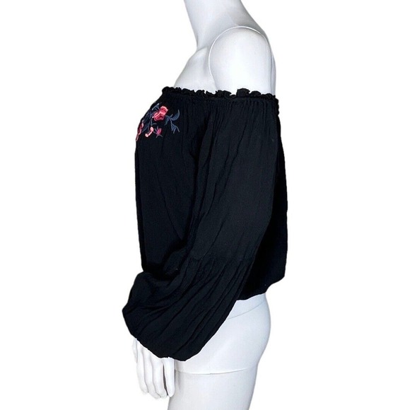 Hollister‎ Shirt Women Small Black Floral Embroidered Off Shoulder Boho Bohemian - Picture 3 of 8